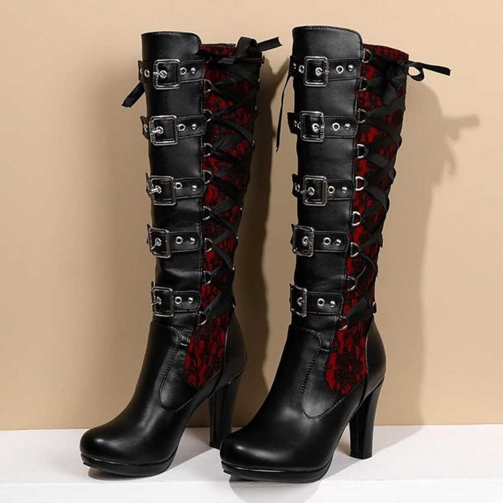 Women Lace Goth Knee High Boots